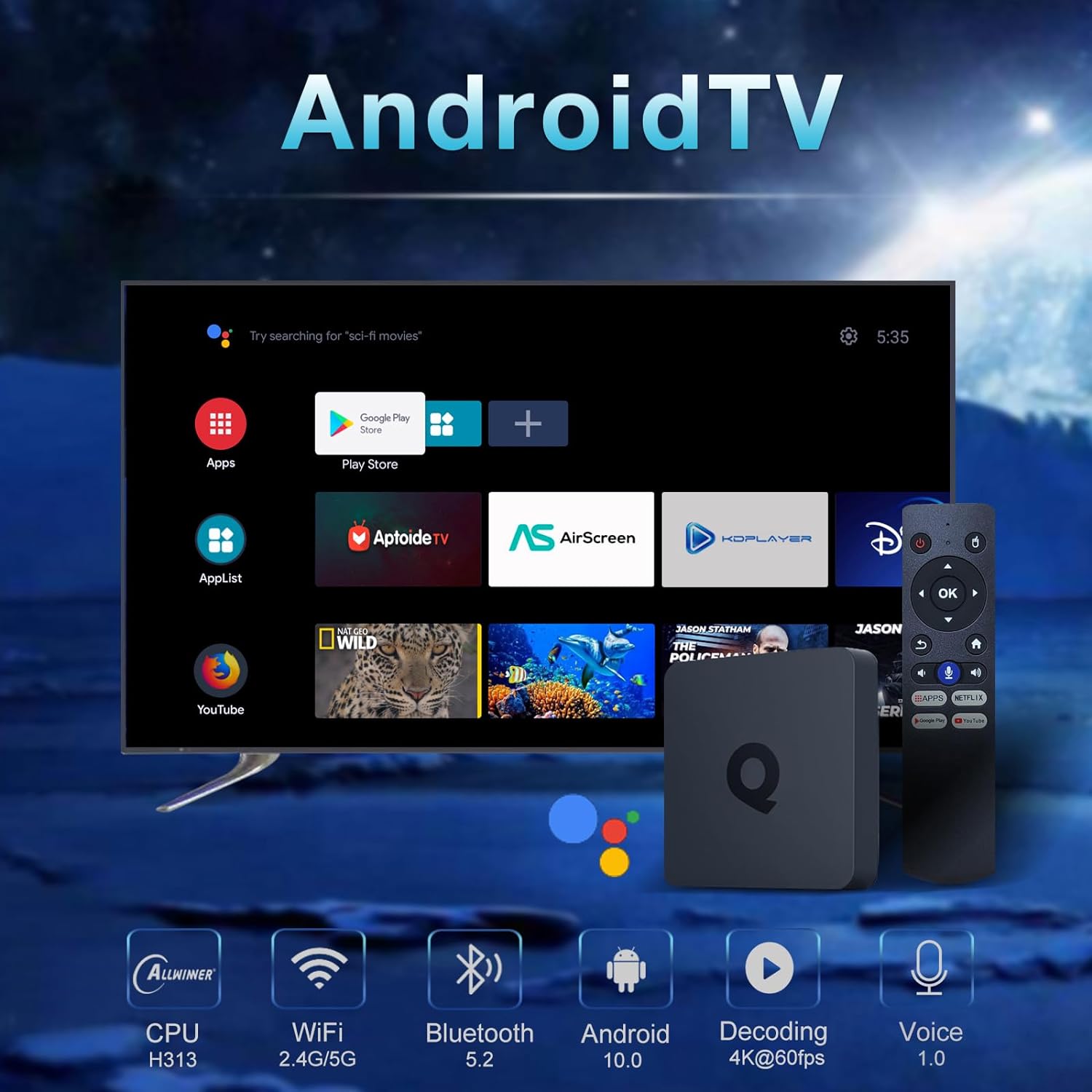 Android TV Box, Q1 Android 10.0 TV Box 2GB RAM/16GB ROM H313 Quadcore Cortex-A53 Support WiFi 2.4G/5G BT5.2 4K 3D HDMI DLNA Smart TV Box