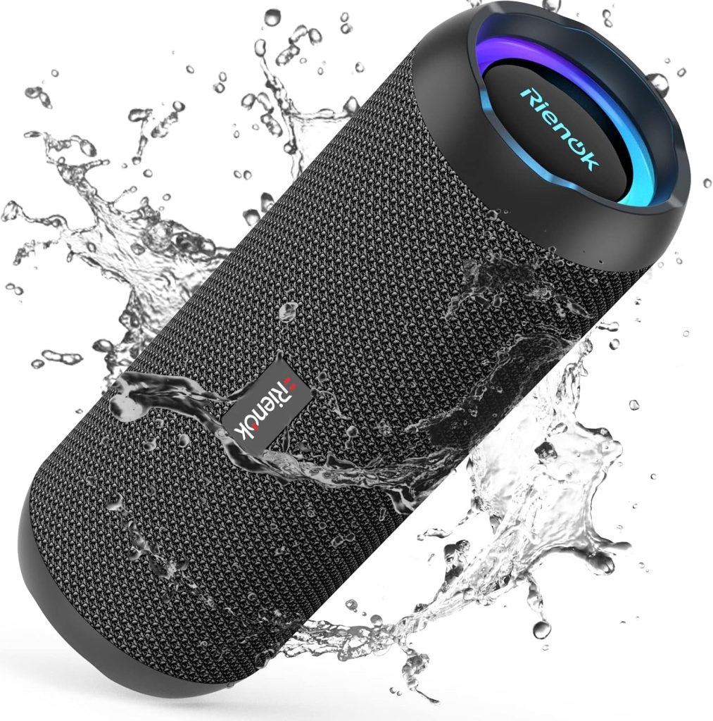 RIENOK Bluetooth Speaker with Light Bluetooth 5.3 Music Box Bass Wireless Box with IPX7 Waterproof Stereo Sound Portable