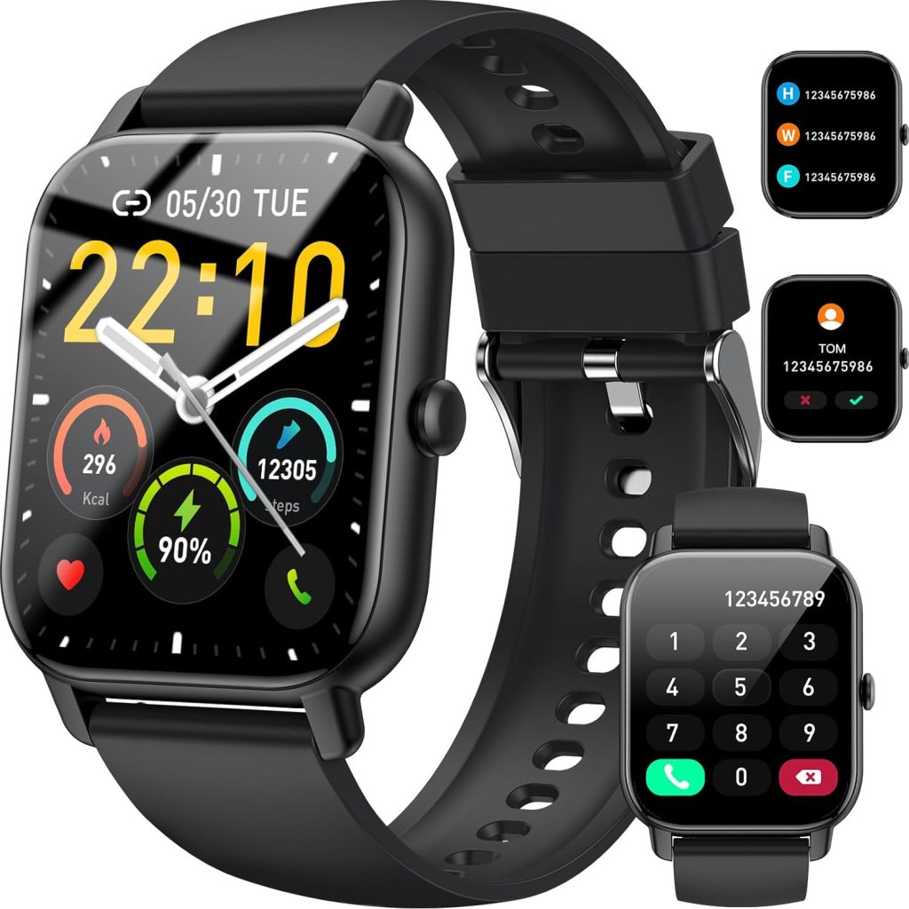 Smartwatch for Men and Women, 1.85 Inch Touchscreen with Bluetooth Calls, IP68 Waterproof Fitness Watch with Heart Rate Monitor, Sleep Monitor, Pedometer, Sports Watch for iOS Android, Black