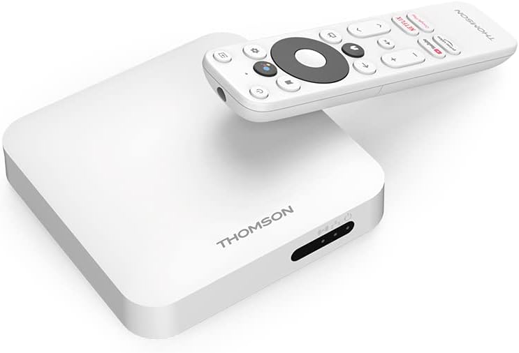 Thomson THA100, Android TV Box, Android 10.0, Ultra HD 4K, HDR, Sky Ticket, Chromecast, Google, Netflix, Disney +, Prime Video, Google Play Store, WiFi 5 Dual Band, LAN, Bluetooth 4.2.