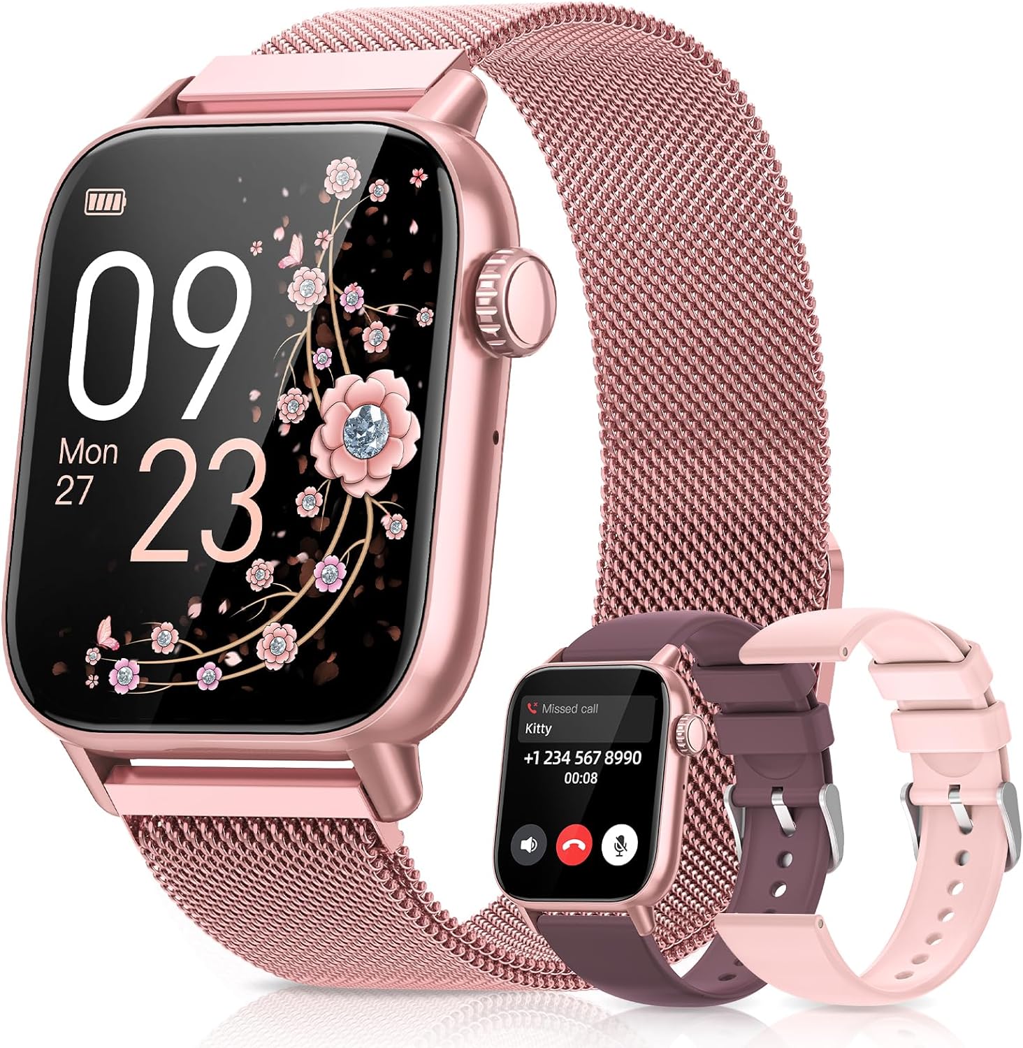 BANLVS Womens Smartwatch with Phone Function, 1.85 Inch Fitness Watch with SpO2, Heart Rate, Sleep Monitor, Menstrual Cycle, IP68 Waterproof Sports Watch for iOS and Android (Pink)