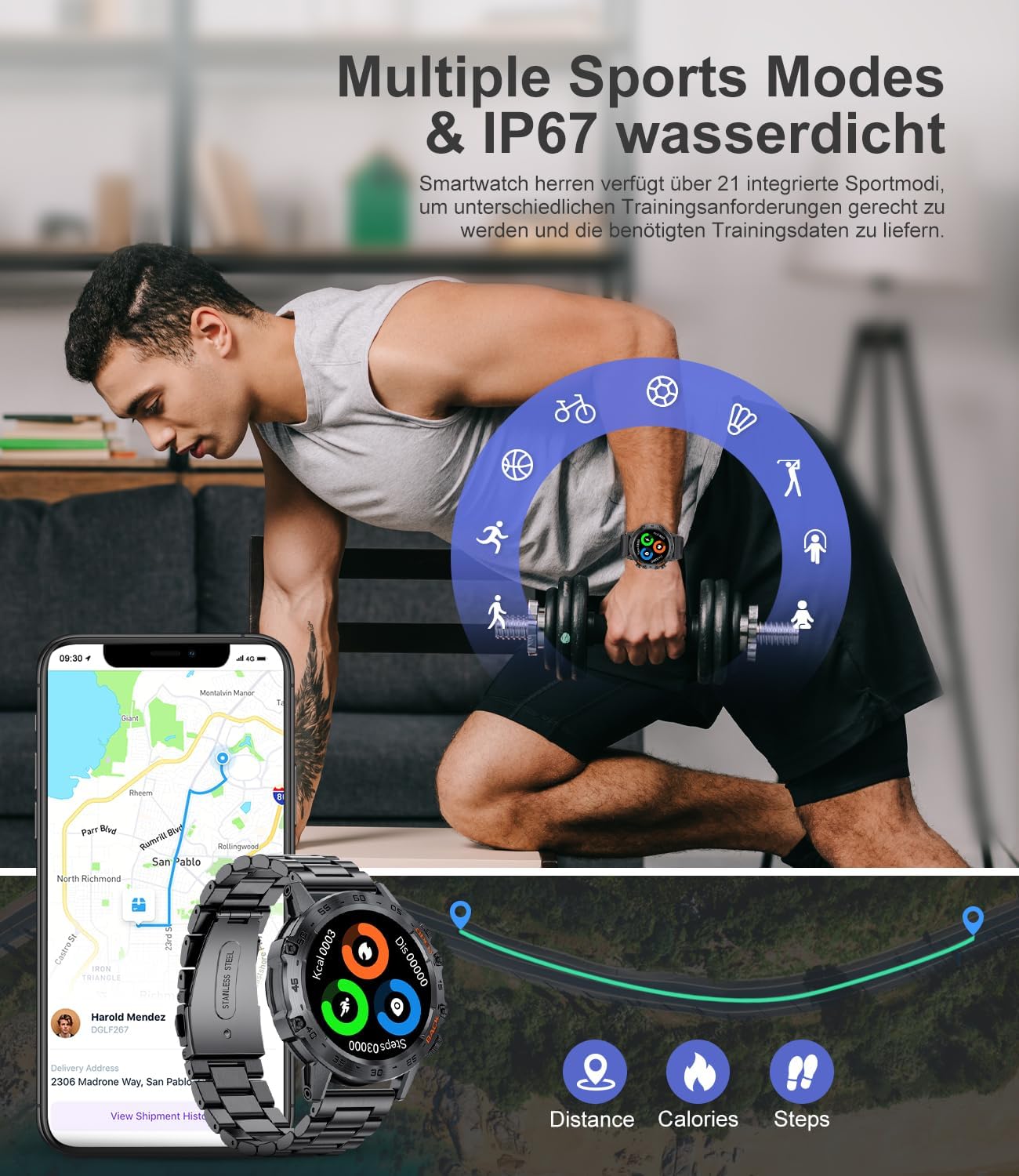 LIGE Mens Smartwatch with Metal Strap, 1.39 Inch Military Smart Watch with Heart Rate, Blood Pressure, Sleep Monitor for Android iOS, 100+ Sports Modes, Fitness Watch, IP67 Waterproof, Bluetooth