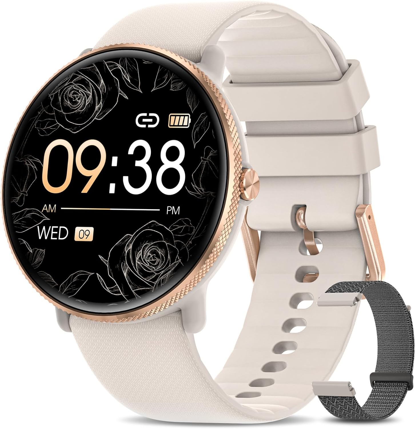 Smartwatch Womens Phone Function 1.39 Inch AMOLED HD Full Touch Screen Fitness Watch Tracker with Heart Rate / SpO2 / Sleep Monitor / Menstrual Cycle IP68 Waterproof Watch for iOS Android Grey Gold