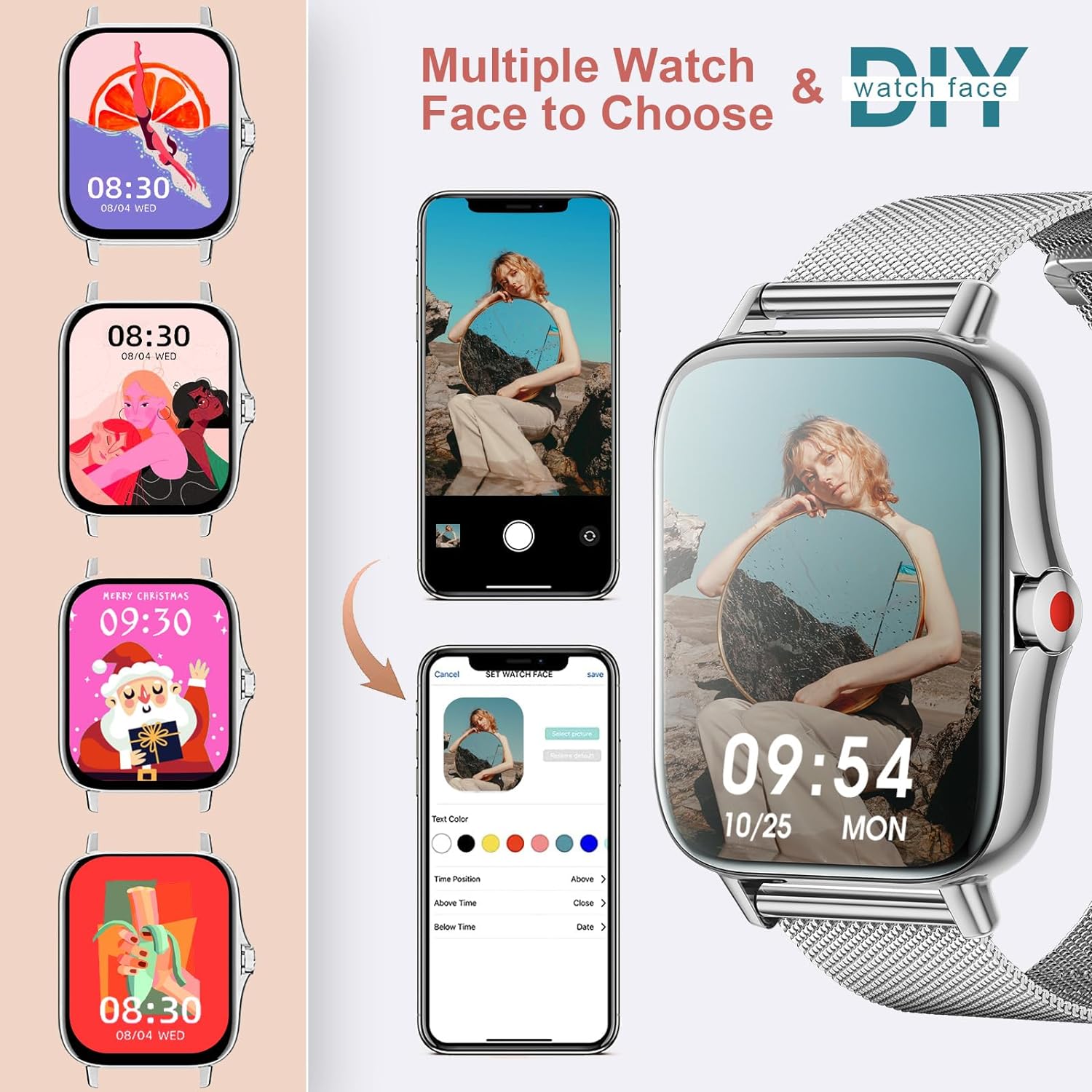 Womens Smartwatch with Phone Function, 1.69 Inch HD Colourful Touchscreen Fitness Watch Women with Heart Rate Monitor, Sleep Monitor, Message Reminder, Sports Watch Compatible with Android and iOS
